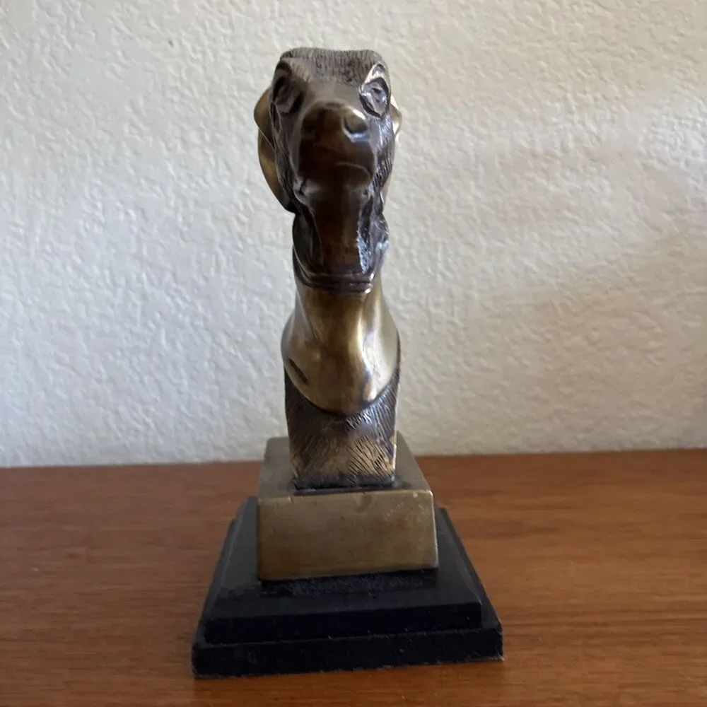 Vintage Brass Greyhound Bust Sculpture Wood Base Whippet Dog Bookend 8”